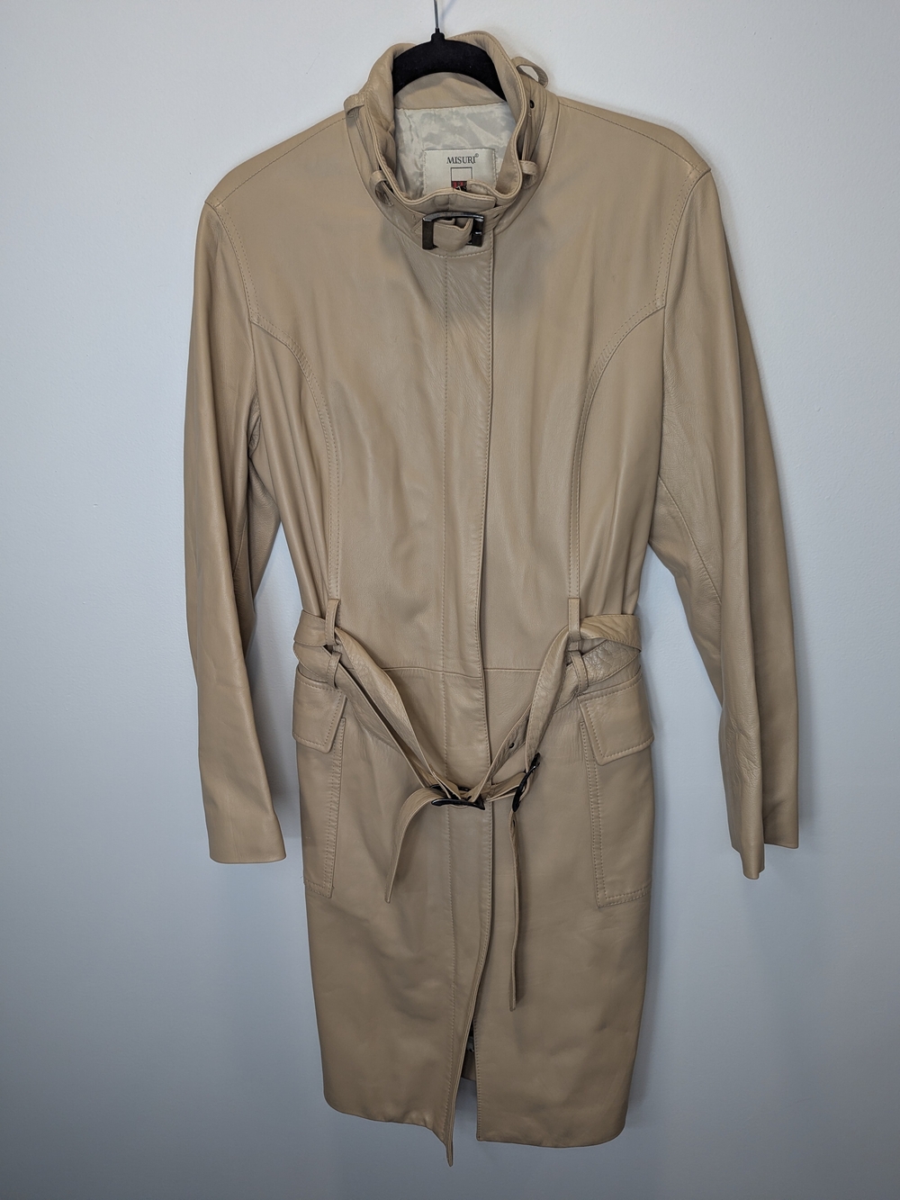 Misuri Firenze Women's Beige Leather Trench Coat Belted Vintage Size 44 US 8